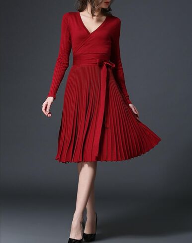 R.Vivimos Women's Autumn Long Sleeve V Neck Elegant Knitted Slim Knee-Length A-Line Sweater Dress in Kuwait