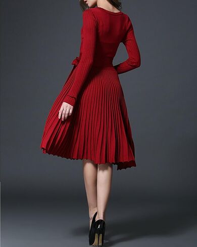 R.Vivimos Women's Autumn Long Sleeve V Neck Elegant Knitted Slim Knee-Length A-Line Sweater Dress in Kuwait