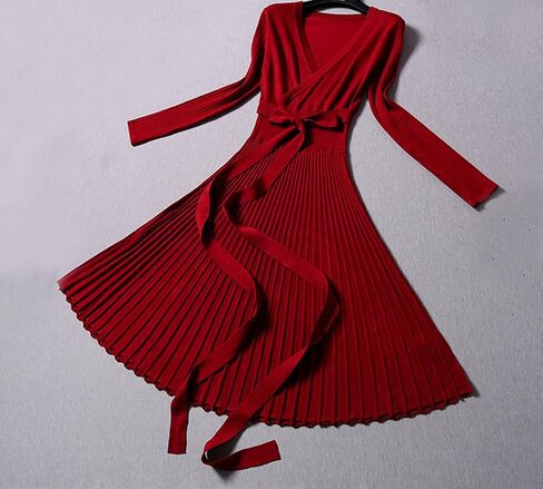 R.Vivimos Women's Autumn Long Sleeve V Neck Elegant Knitted Slim Knee-Length A-Line Sweater Dress in Kuwait