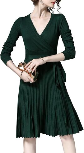 R.Vivimos Women's Autumn Long Sleeve V Neck Elegant Knitted Slim Knee-Length A-Line Sweater Dress in Kuwait