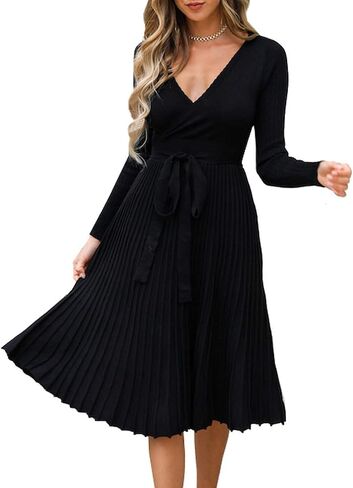 R.Vivimos Women's Autumn Long Sleeve V Neck Elegant Knitted Slim Knee-Length A-Line Sweater Dress in Kuwait