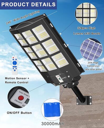 JAYNLT Y-5500W Solar Street Lights Outdoor, 3000K/4000K/6500K 550000LM Solar Parking Lot Lights Commercial Dusk to Dawn, Waterproof Solar Flood Lights with Motion Sensor for Garage, Driveway in Saudi Arabia