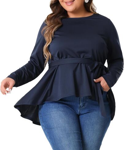 Agnes Orinda Plus Size Tops for Women Crew Neck High Low Asymmetrical Irregular Hem Casual Blouse Shirt with Belt in Kuwait