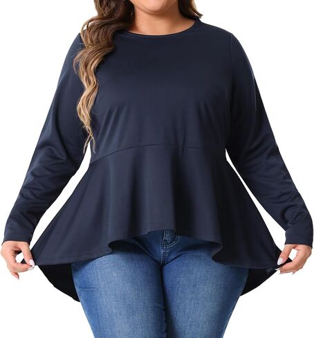 Agnes Orinda Plus Size Tops for Women Crew Neck High Low Asymmetrical Irregular Hem Casual Blouse Shirt with Belt in Kuwait