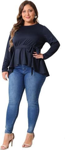 Agnes Orinda Plus Size Tops for Women Crew Neck High Low Asymmetrical Irregular Hem Casual Blouse Shirt with Belt in Kuwait