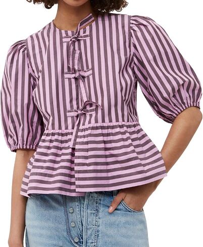 Women Y2k Peplum Shirt Puff Short Sleeve Lace Up Bow Blouse Tie Open Front Ruffle Hem Blouses Tops Streetwear in Saudi Arabia