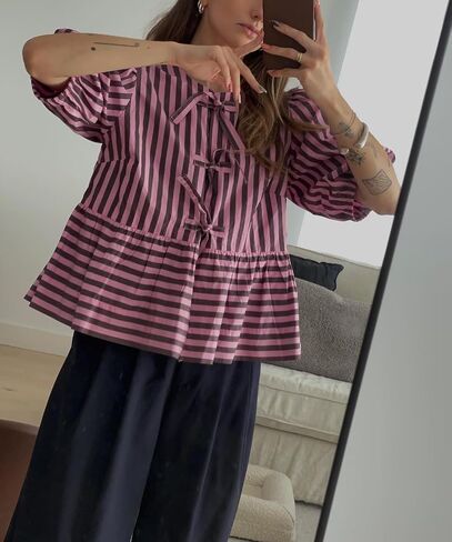 Women Y2k Peplum Shirt Puff Short Sleeve Lace Up Bow Blouse Tie Open Front Ruffle Hem Blouses Tops Streetwear in Saudi Arabia