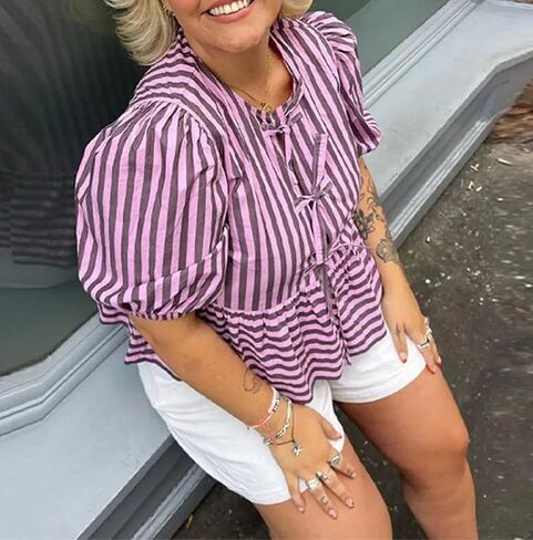 Women Y2k Peplum Shirt Puff Short Sleeve Lace Up Bow Blouse Tie Open Front Ruffle Hem Blouses Tops Streetwear in Saudi Arabia