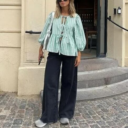 قميص Y2k Peplum للسيدات بأكمام قصيرة منتفخة وبلوزة بفيونكة وربطة عنق مفتوحة من الأمام وبحافة مكشكشة وبلوزات علوية ملابس الشارع in Kuwait