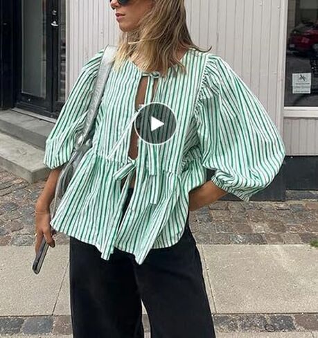 قميص Y2k Peplum للسيدات بأكمام قصيرة منتفخة وبلوزة بفيونكة وربطة عنق مفتوحة من الأمام وبحافة مكشكشة وبلوزات علوية ملابس الشارع in Kuwait