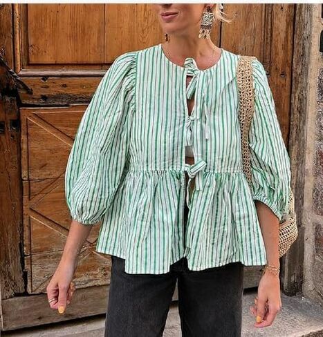 قميص Y2k Peplum للسيدات بأكمام قصيرة منتفخة وبلوزة بفيونكة وربطة عنق مفتوحة من الأمام وبحافة مكشكشة وبلوزات علوية ملابس الشارع in Kuwait