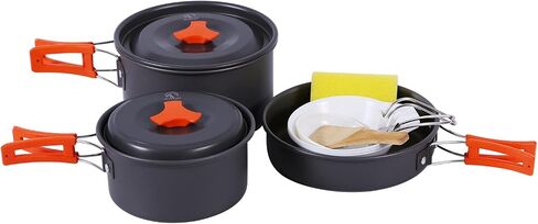 REDCAMP 19 PCS Camping Cookware Mess Kit Camping Gear Campfire Utensils Lightweight Stackable Pot Pan Bowls Soup Spoon with Storage Bag for Camping, Backpacking, Outdoor Cooking and Picnic, Black in Kuwait