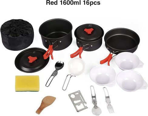 REDCAMP 19 PCS Camping Cookware Mess Kit Camping Gear Campfire Utensils Lightweight Stackable Pot Pan Bowls Soup Spoon with Storage Bag for Camping, Backpacking, Outdoor Cooking and Picnic, Black in Kuwait