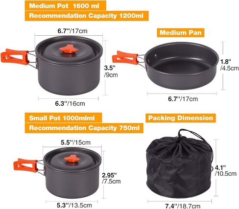 REDCAMP 19 PCS Camping Cookware Mess Kit Camping Gear Campfire Utensils Lightweight Stackable Pot Pan Bowls Soup Spoon with Storage Bag for Camping, Backpacking, Outdoor Cooking and Picnic, Black in Kuwait