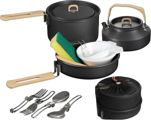 REDCAMP 19 PCS Camping Cookware Mess Kit Camping Gear Campfire Utensils Lightweight Stackable Pot Pan Bowls Soup Spoon with Storage Bag for Camping, Backpacking, Outdoor Cooking and Picnic, Black in Kuwait