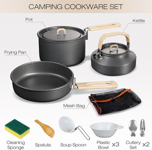 REDCAMP 19 PCS Camping Cookware Mess Kit Camping Gear Campfire Utensils Lightweight Stackable Pot Pan Bowls Soup Spoon with Storage Bag for Camping, Backpacking, Outdoor Cooking and Picnic, Black in Kuwait