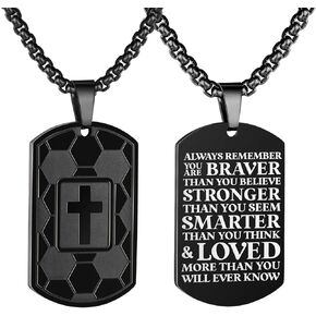 Soccer Bible Verse Cross Necklace for Men Boys Inspirational Bible Verse Dog tag Pendant Stainless Steel Chain 22+2 inch Sports Religious Jewelry Soccer Gift for Men