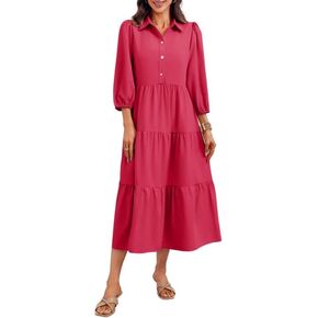 Wenrine Womens Casual Button Shirt Dress V Neck 3/4 Sleeve Tiered Collared Flowy Maxi Dress