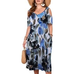 LARACE Plus Size Women Dress for Summer, Midi Women's Sundress, Casual V-Neck Short Sleeve Flowy T-Shirt Dresses with Pockets