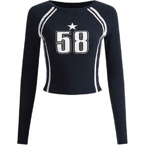 SOLY HUX Women's Long Sleeve Y2K Crop Tops Fitted Graphic Tees Star Number Print Going Out T Shirts Striped Shirt in Kuwait