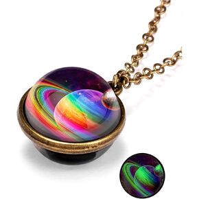 Galaxy Planet Pendant Necklace Glow in Dark Double Side Glass Crystal Ball Moon Earth Astronomy Universe Necklace Luminios Gemstone Necklace for Women Men Friends Gift in Kuwait