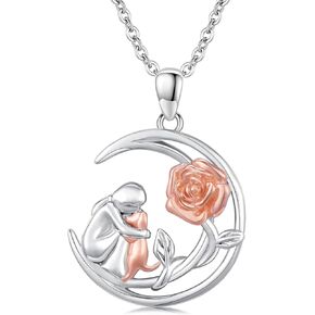JUSTKIDSTOY Dog Necklace for Women 925 Sterling Silver Moon Rose Flower Pendant Necklace Puppy Necklace Dog Jewelry Gifts for Dog Lover