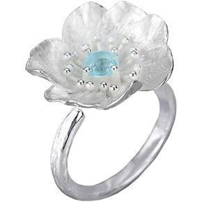 Stunning Designer Flower Ring with Natural Blue Topaz Gemstone in 925 Sterling Silver Adjustable Ring Size Women Handmade Jewelry - PremiumPearl