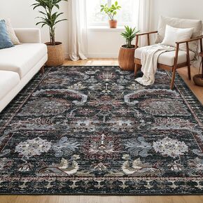 Washable 9x12 Area Rugs, Vintage Large Indoor Rugs for Living Room Bedroom or Dining Room, Ultra-Thin Soft Non-Slip Floor Carpet Foldable, Black/Rust