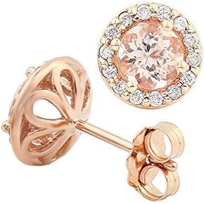 14K Rose Gold Round Morganite & Diamond Ladies Halo Style Stud Earrings
