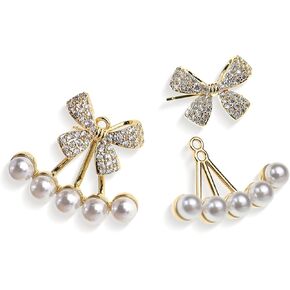 Sonateomber Gold Pearl Bow Stud Dangle Earrings for Women, Cute Sparkly Rhinestone Cubic Zirconia Ribbon Love Heart Earing Valentines Holiday Prom Fashion Jewelry Gifts in Kuwait