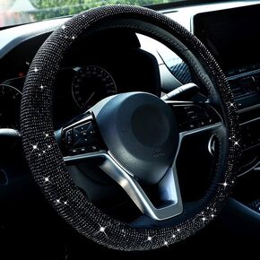 Cute Bling Steering Wheel Cover for Women & Girls with Sparkly Diamond Rhinestones, Gorgeous Accessory with Anti-Slip Lining for Diverse Cars (14.5-15 inch) (Black Diamond)