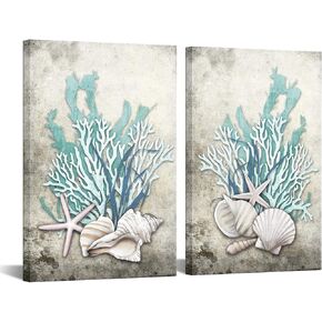 iHAPPYWALL 2 Pieces Set Ocean Theme Canvas Wall Art Coastal Shell Starfish Coral Conch Picture for Bathroom Kitchen Office Living Room Decor Ready to Hang 16x24inchx2pcs