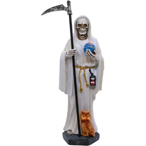 VILLAGE GIFT IMPORTERS 11.5" White Santa Muerte Statue | Our Lady of a Holy Death | Skeleton Statue Holding a Globe and Scythe with a Brown Owl at Her Feet | Hispanic Catholic Home Décor