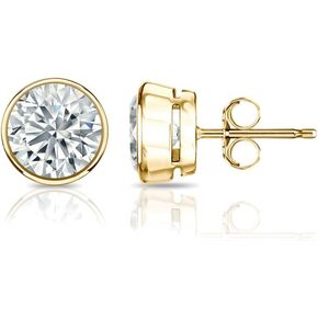 14k Yellow Gold Round Diamond Simulant CZ Stud Earrings Bezel-set(1/4-2 ct,Excellent Quality)