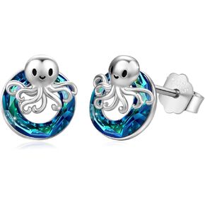 Octopus Earrings Sterling Silver Ocean Octopus Stud Earrings Animal Blue Circle Crystal Earrings Squid Beach Jewelry Birthday Gifts for Women Daughter Sister
