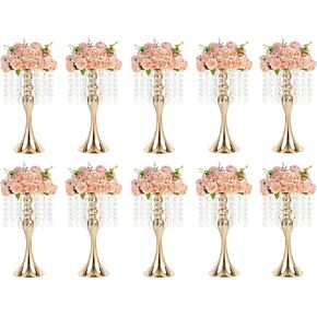 Metal Wedding Centerpieces for Table, Crystal Flower Stands, Wedding Road Lead Flower Holders, Crystal Mermaid Chandelier Flower Vases for Birthday Party Event Wedding Home Decor (Gold, 13"-10pcs)
