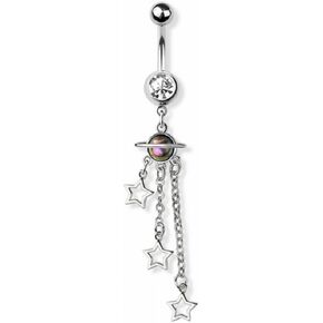 Pierced Owl 14GA 316L Stainless Steel Planet with Triple Chain Dangling Stars Belly Button Ring