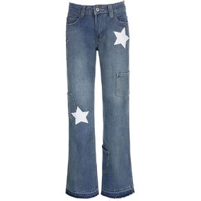 TSMNZMU Womens Low Waist Baggy Jeans Star Print Y2K Streetwear Denim Pants E-Girl 90s Cute Flare Wide Leg Boyfriend Jeans
