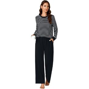 Vrtige Women's Cotton Pajamas Set Striped Long Sleeve Top and Pants Sleepwear Loungewear Pjs Sets with Pockets