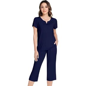 NACHILA Pajamas Set for Women-Viscose Made from Bamboo,V Neck Sleepwear Short Sleeve Top with Capri Pants Pjs Cool Loungewear
