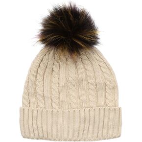 MIRMARU Winter Cable Knitted Faux Fur Multi Color Pom Pom Beanie Hat with Soft Fur Lining