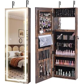 Byroce 47'' Jewelry Armoire with Full Length Mirror, Wall Door Mounted, Lockable Jewelry Cabinet with 3-Color LED Lights & Makeup Mirror, Large Jewelry Organizer for Necklaces, Earrings (Black)