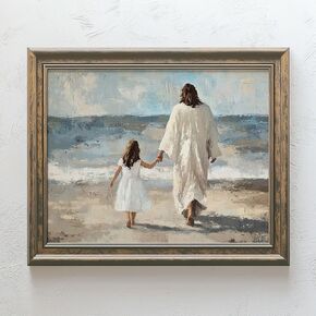 Walk by Faith, I am a Child of God, Baptism Wall Art, Jesus Walk with Girl on Beach, Lds Baptism Gift, Christian Wall Art (11x14 inch Print Unframed)