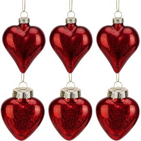 6 Pack Valentine's Day Heart Glass Ornaments - 3.2“Antique Red Glass Heart Ornaments - Romantic Love Heart Shaped Ornaments for Party, Valentine's Day,Wedding Tree Decorations