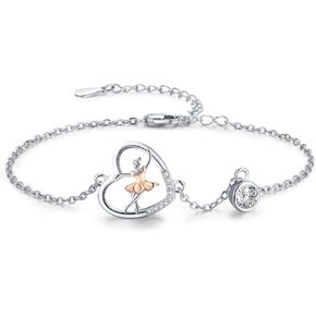 Palpitate Ballerina Bracelet for Women 925 Sterling Silver Heart Bracelet Ballerina Dancer Gymnasts Ballet Dance Jewelry Gifts Adjustable Chain