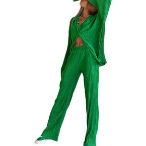 2 Piece Casual Outfits Set for Women Pleated Wide Leg Pants Long Sleeve Button Down Y2K Shirt Lounge Streetwear Suit