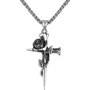Dreuyet Rose Cross Necklace for Men Women Gothic Cross Necklace Hip Hop Stainless Steel Rose Cross Necklace Goth Cross Necklaces Religious Cross Necklace Halloween Necklace