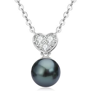 Tahitian Black Pearl Heart Necklace for Women, Sterling Silver Pearl Pendant Necklace with D Color Moissanite, Gift for Wife Mom Birthday Anniversary Jewelry