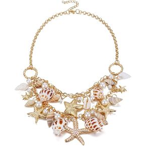 Halawly Shell Necklace Choker Mermaid Tail Necklace - Fashion Sea Shell Starfish Faux Pearl Collar Bib Statement Chunky Necklace Pendant