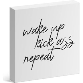 Wooden Box Sign, Modern Funny Quote Home and Bedroom Decor Wood Sign with Sayings (Wake Up)